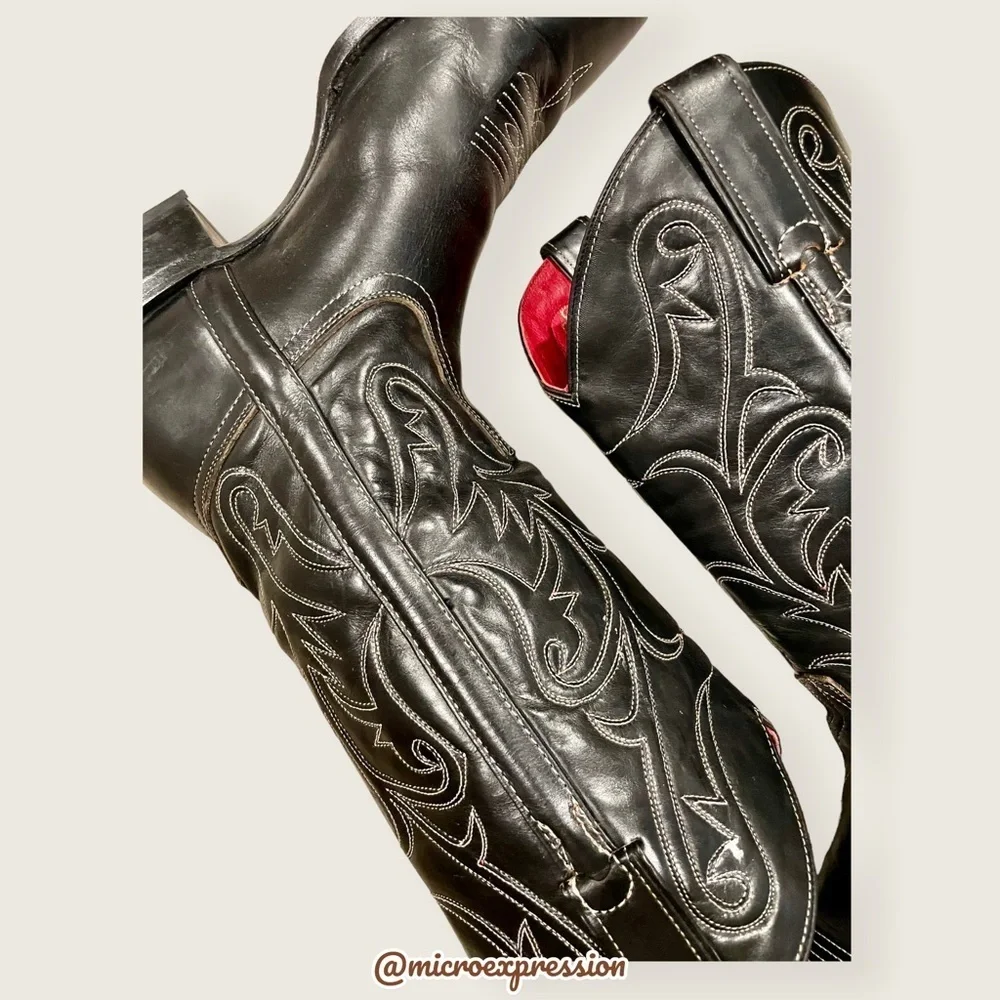 VINTAGE 1990 Frye Black Red Contrast Leather Embroidery Stitch Tall Cowboy Boot